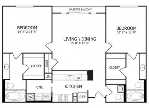 Floor plan for 2 beds, 2.5 baths, 1142 sqft